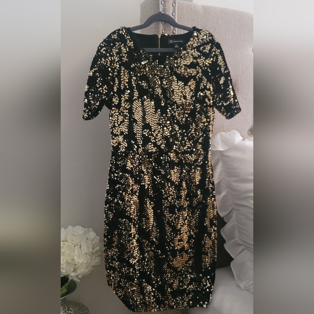 INC International Concepts Black and Gold Sequin Mini Dress